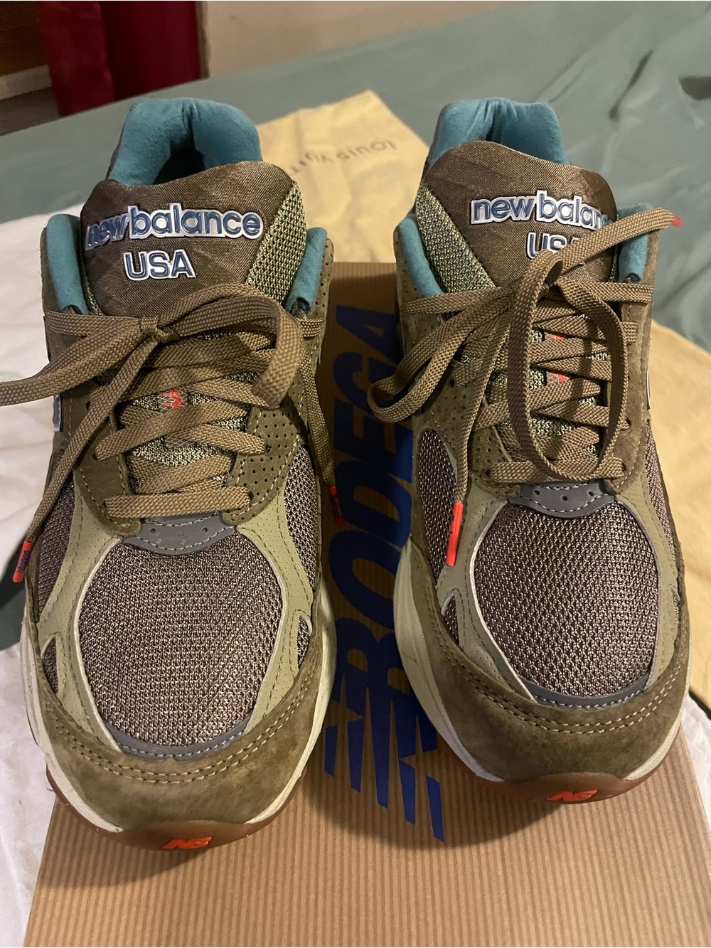 New Balance 990 Bodega USA Olive Green & Teal Men’s Trail-Style Sneakers
